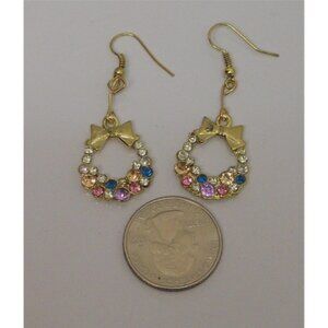 Women Drop Dangle Fashion Earrings Rhinestone Wreath Gold Tones Hook Fasteners